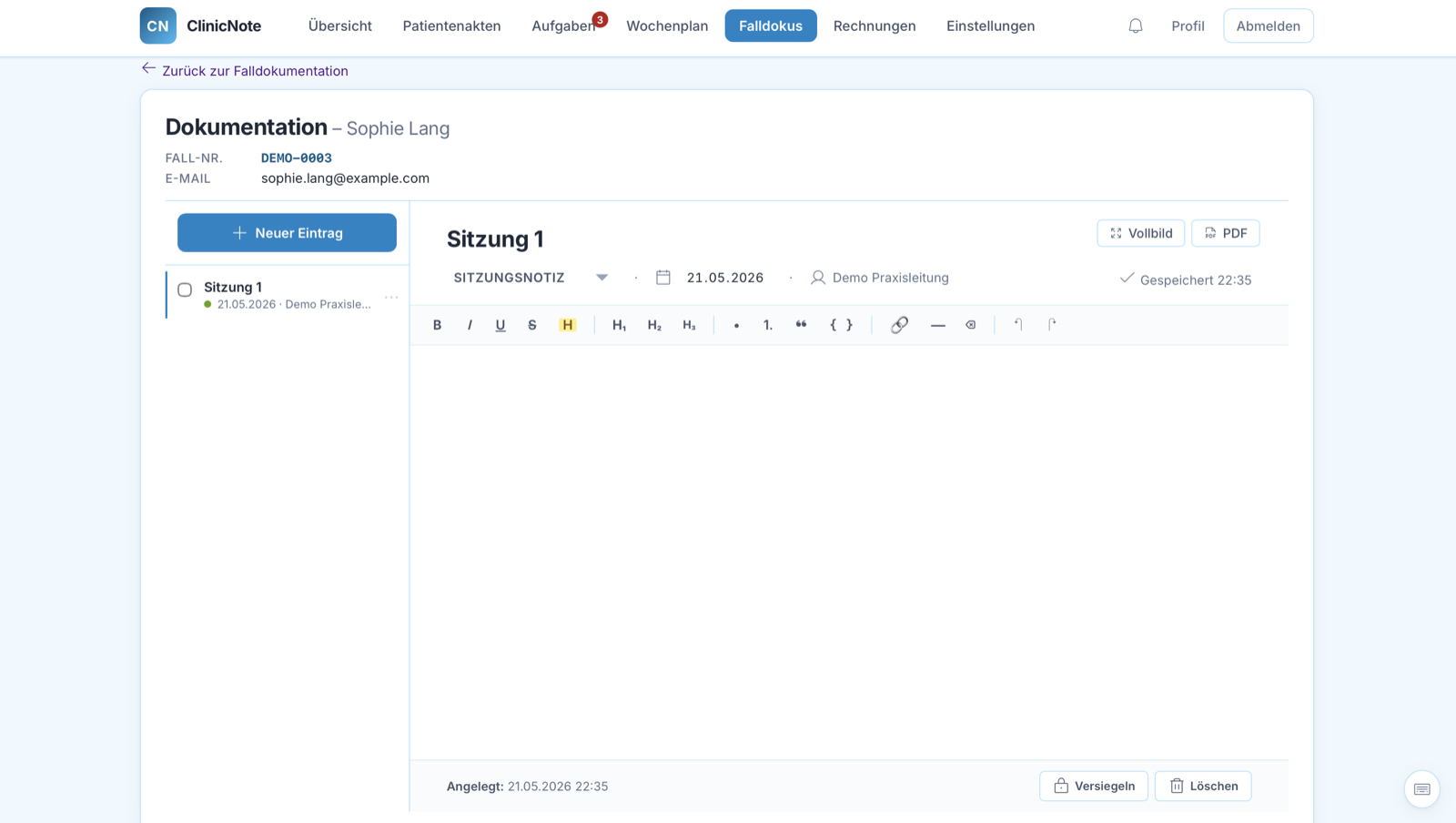 Falldokumentation: Sitzungsnotizen im Rich-Text-Editor, PDF-Export und GoBD-Versiegelung.